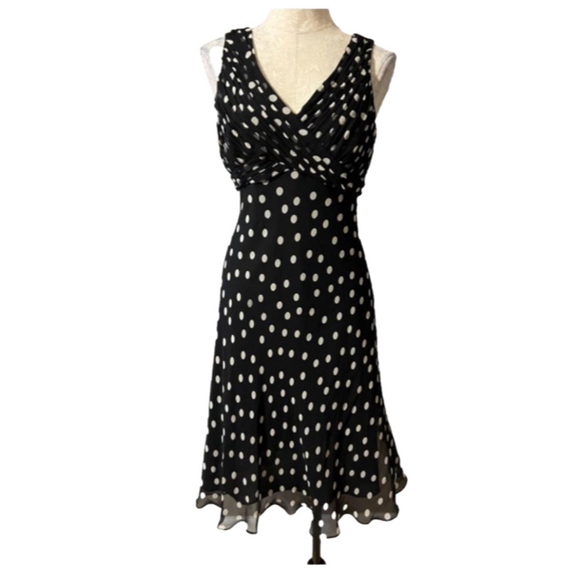 Adrianna Papell Dress Black Ivory 6 Polka Dot A Line Silk Flowy - Picture 1 of 9